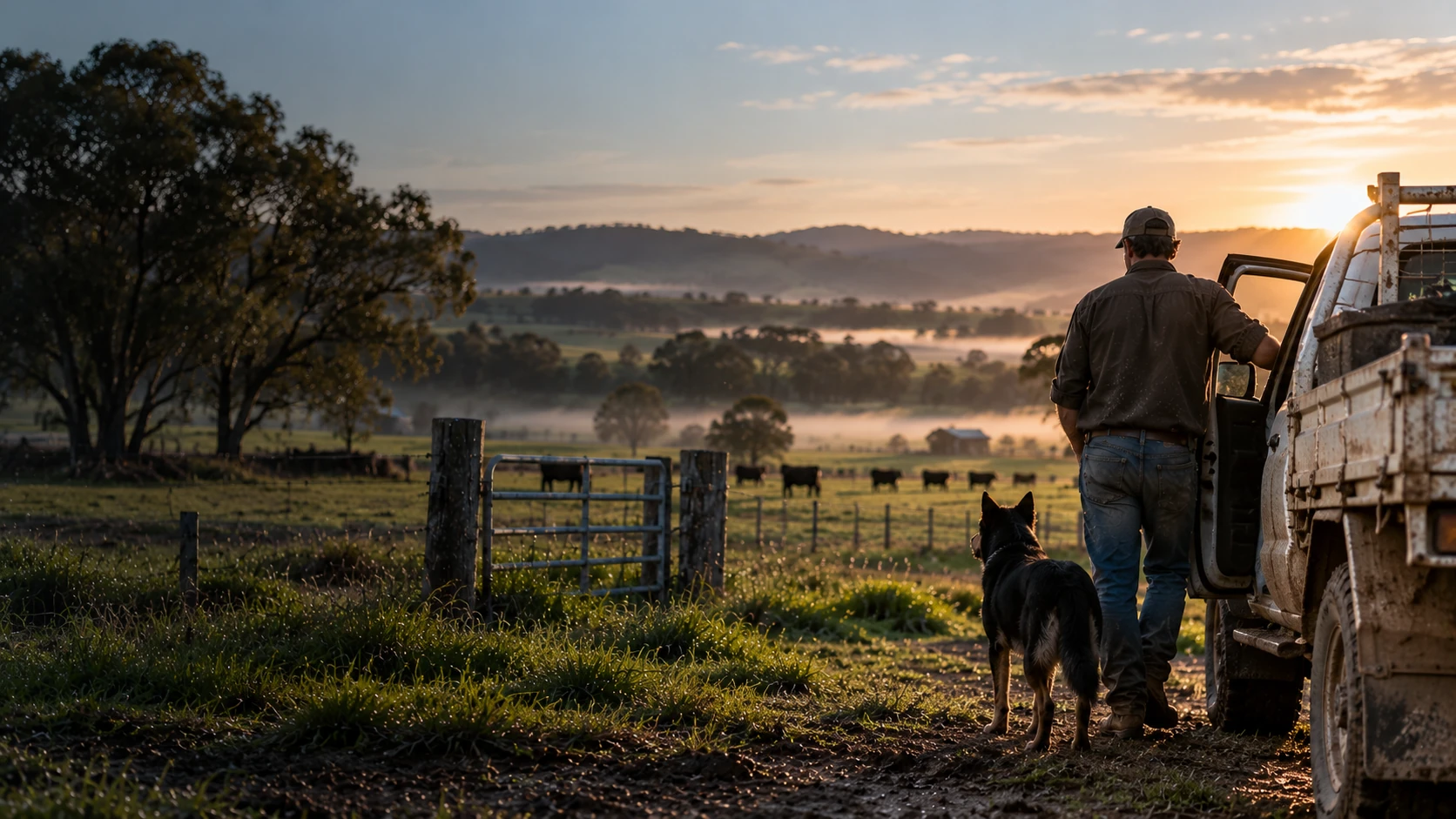 Farmer looking out over paddocks and cattle